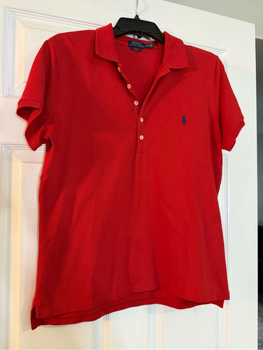 Ralph Lauren Women's Red Polo Shirt with Navy Logo Slim Fit